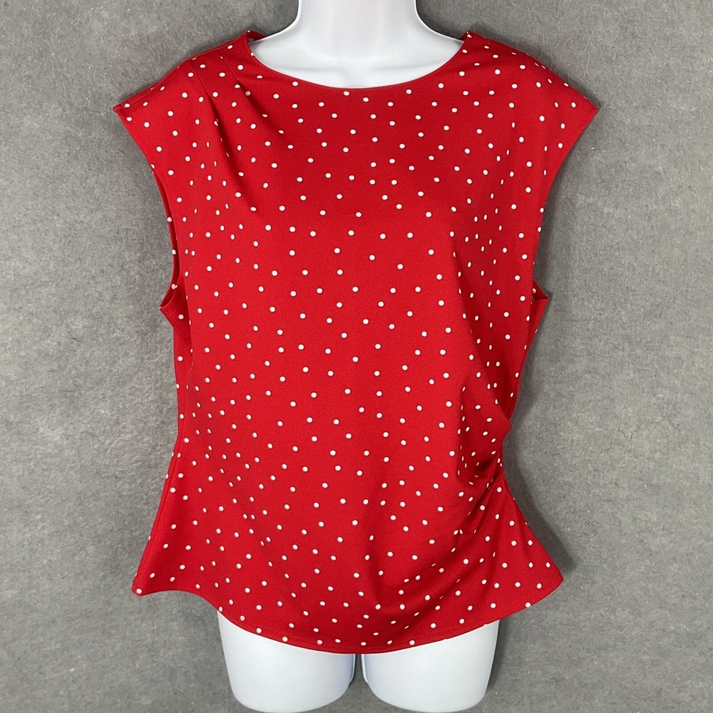 Melloday Anthropologie Top Womens L Red White Polka Dot Ruched Sided Slimming